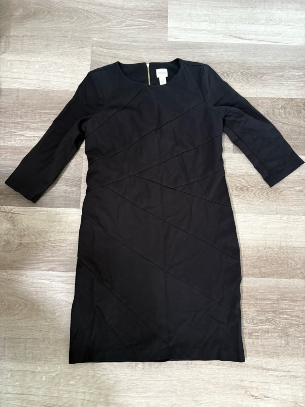 Chico's Black Diagonal-Seam Sheath Dress with Three-Quarter Sleeves